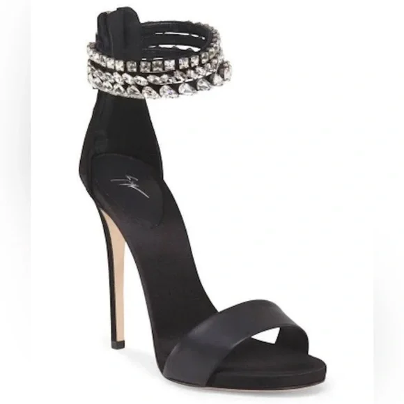 Giuseppe Zanotti Silver Crystal Embellished Heels Black Leather Sandals Shoes - Picture 2 of 15